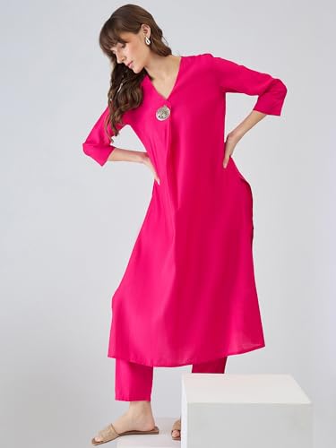 Image of INDO ERA Women's Viscose Solid A-Line Calf Length Kurta & Pant Set (IESTR12352)