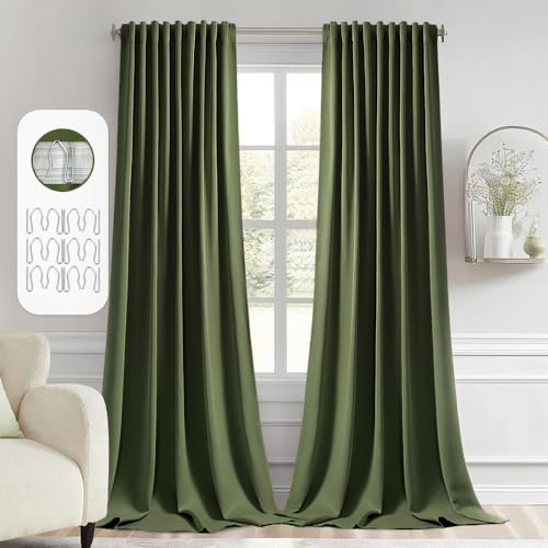 MIULEE Olive Green Back Tab Blackout Curtain 96 Inch Long 2 Panels Set for Bedroom, Rod Pocket/Pinch Pleat Thermal Insulated Living Room Darkening Pleated Light Blocking Floor to Ceiling Drape