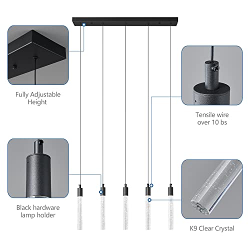 Image of Kitchen Island Lighting Modern Light Fixture Black Pendant Light Dimmable LED Black Finish Mini Crystal Pendant Lights for Dining Room Living Room(5-Light)
