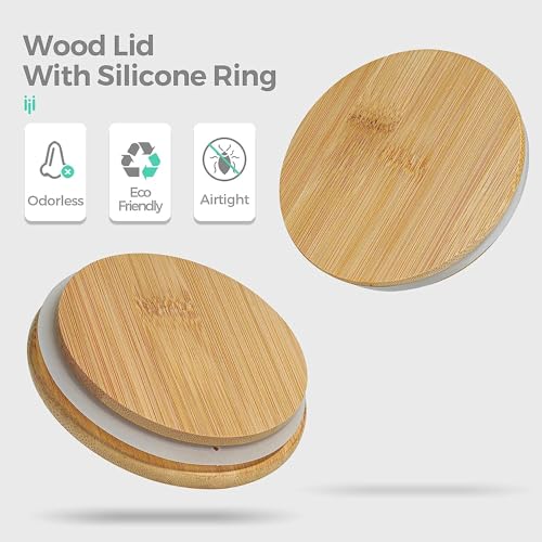 Image of CAKETIME Spice Jars with Airtight Bamboo Lid [Round, Pack Of 12, 220ml] - Glass Spice Bottles, Seasoning Containers for Salt, Sugar, Coffee Beans - Set of 12 Jars with Wooden Lids