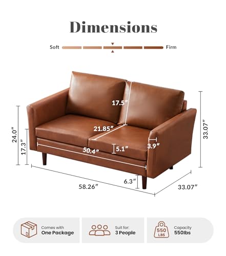 Image of Kingfun 58 inch Faux Leather Loveseat Sofa, Mid Century Modern Leather Couch for Living Room, Small Love Seat for Small Spaces, 2-Seater Mini Sofa with Rolled Arms and Deep Seats, Dark Brown
