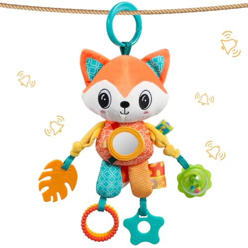 Baby Hanging Toys for Carseat Crib Stroller Gym, Baby Toys 0-6-12-18 Months,Fox Toy with Teether Rattle & Tummy Time Mirror, Sensory Toys, Boy Girl Gifts
