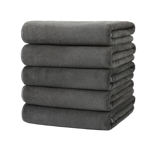 バスタオル 5枚セット マイクロファイバー 大判 60×120cm ふわふわ 柔らかい肌触り タオル 吸水 速乾 通気 肌に優しい お風呂上がり 家庭用 ホテル仕様 (ブラックグレー)