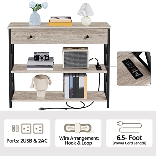 Yaheetech Console Table with Power Outlets and USB Ports, Wooden Entryway Table with Drawer and Open Shelves, Narrow Sofa Tables with Metal Frame for Living Room, Couch, Hallway, Grey - Image 4