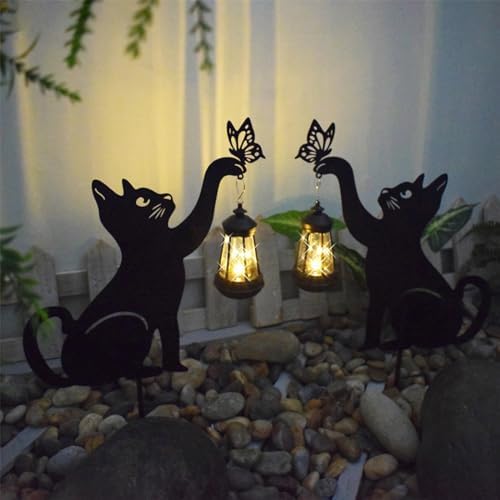 Cats Statue With Solar Butterfly Garden Ornaments Outdoor