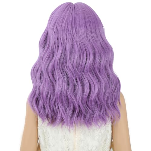 Image of Lavender Purple Wig Short Purple Wavy Curly Wigs Wig with Air Bangs Synthetic Cosplay Hair Wigs