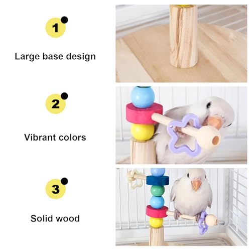 Image of Rotating Bird Perch Stand with Colorful Beads Wooden Parrot Standing Perch Toy Portable Parakeet Spin Training Perch Creative Playstand for Bird Cage Decor