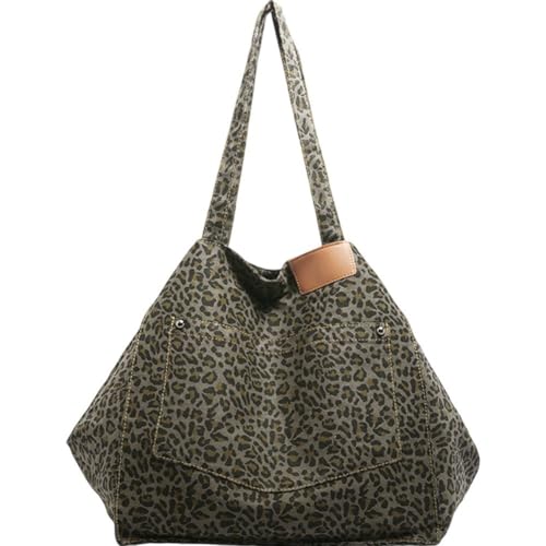 Brxmpn Fourre-Tout Imprimé Léopard, À Main en Toile, À Bandoulière Grande Capacité pour Femme, Hobo Tendance pour L'école, Le Travail Le Shopping
