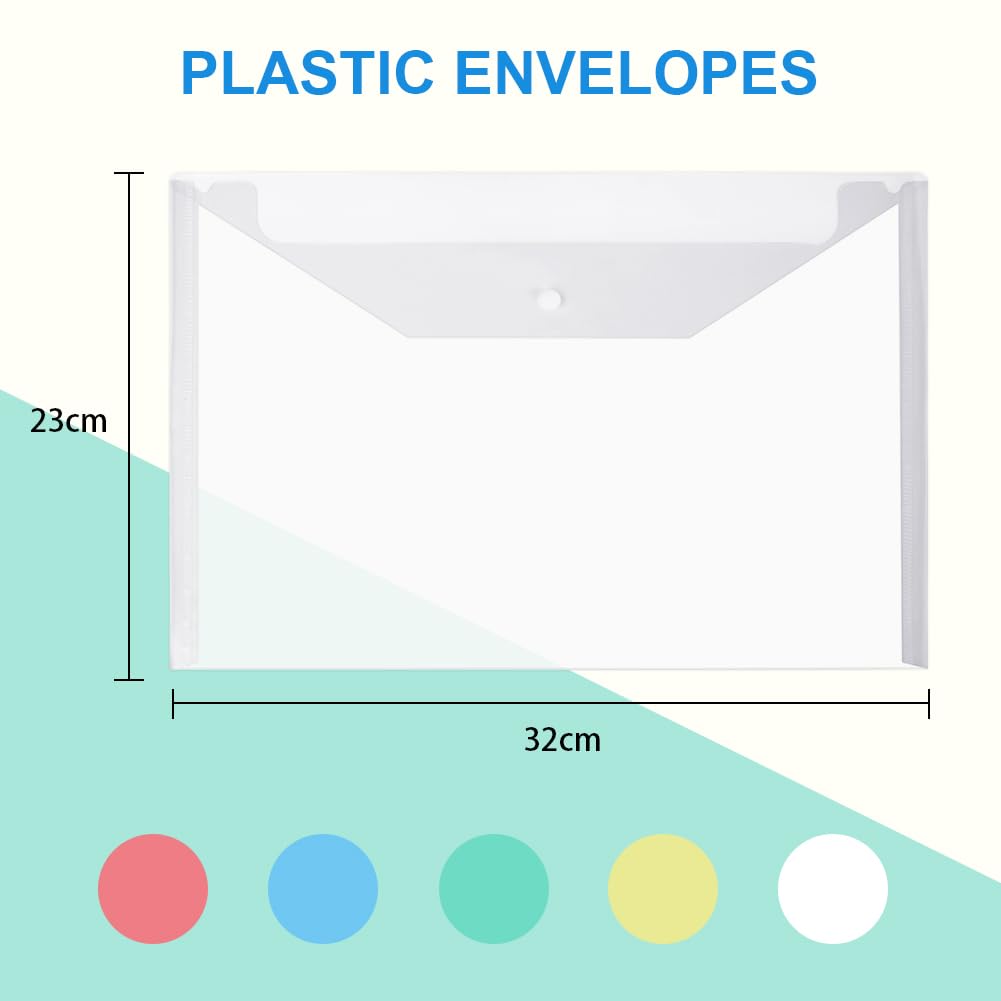 Vicloon Lot 10 Pochettes Documents A4 - Plastique Transparent Multicolore - Fermeture Bouton - Imperméable - Organisation