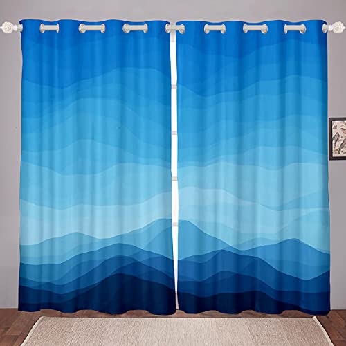 Wave Ombre Striped Curtains Ombre Effects Window Curtains for Bedroom Living Room Kids Girls Boys Gradient Blue Window Drapes,W52*L90