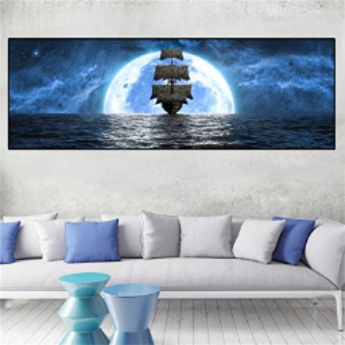 Bateau en mer peinture affiches paysage lune impression mur art photo 45x130