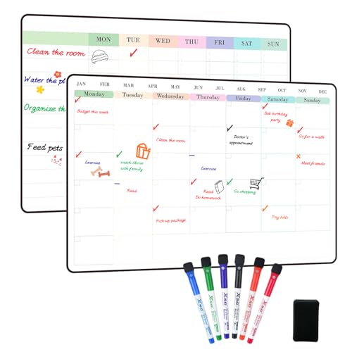 POPRUN 2 Pack A3 Whiteboard Calendar Monthly Planner and Weekly Chore Chart Self Adhesive Dry Erase Board Stick on Any Smooth Surface Fridge Glass Wall Perfect for Home Work School Planning