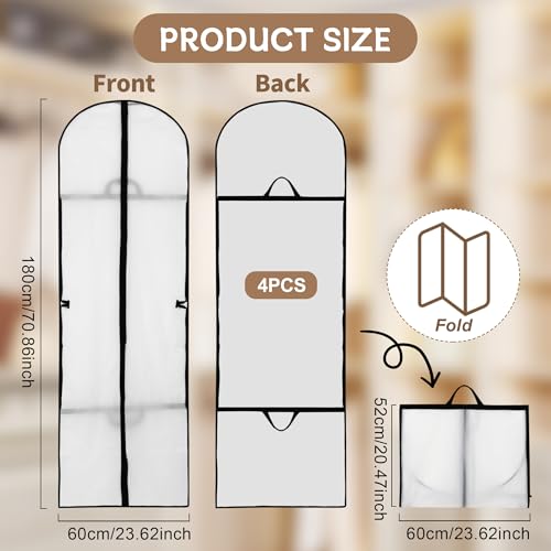 4 Stück Kleidersack, 180 x 60 cm Weiß Kleidersäcke mit Reißverschluss, Faltbare Kleiderhülle, Atmungsaktive Kleidersäcke mit Griffen für Kleider, Abendkleider, Anzüge | Schützt vor Staub, Feuchtigkeit