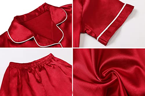 Image of Umeyda Women & Girls Pajamas Set, Soft Satin Lightweight Silk Button-Down Top with Shorts 2 Piece PJS for Mom Boys Kids Gifts