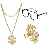 Yaomiao Hip Hop Kostüm Set Gold Metall Dollar Kette Dollarzeichen Rapper Accessories Sonnenbrillen und Goldring 80er/90er Rapper Kostüm Zubehör für Männer Rapper Outfits Costume Party Dekoration