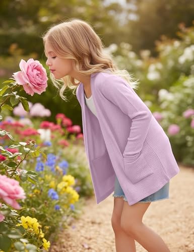 Image of Girls Open Front Cardigan Casual Lightweight Long Sleeve Ribbed Knit Sweater Soft Outerwear Coat with Pockets