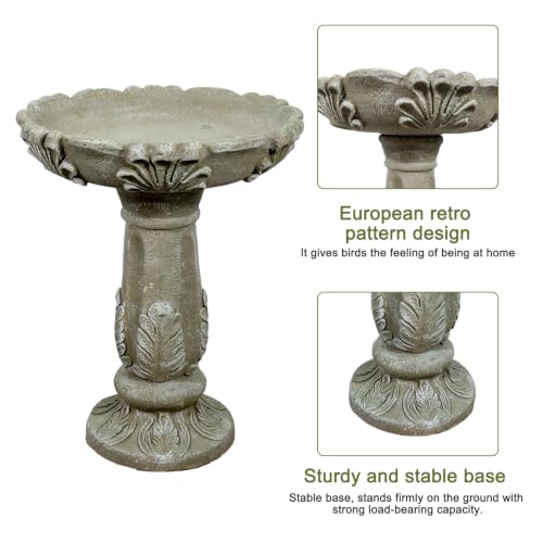 Image of SunJet 23.6 inch Outdoor Fibre Reinforced Concrete Birdbath, Bird Bath with Vintage European Leaf Pattern Pedestal for Outdoor Garden, Yard, Lawn Decor