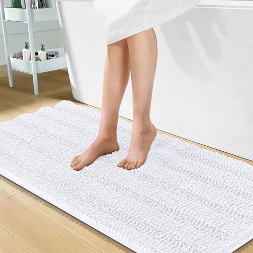 Image of OLANLY Thick Bathroom Runner Rugs 47x24, Extra Absorbent Chenille Striped Bath Rugs, Rubber Backing, Machine Wash Dry, Long Bath Mats for Bathroom Floor, Tub and Shower, Home Decor Accessories, White