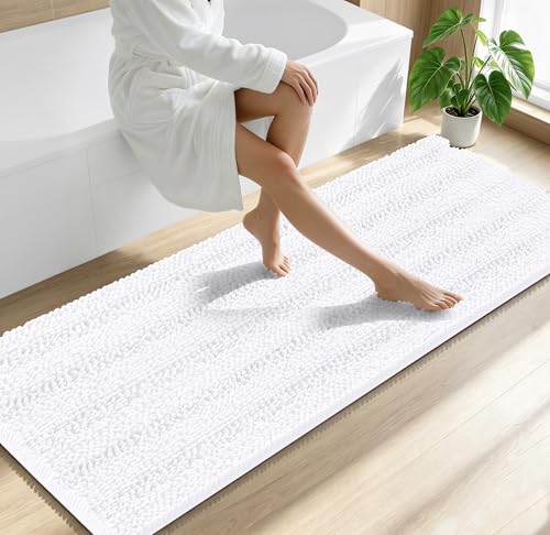 Image of Smiry Thick Chenille Bathroom Runner Rugs 70x24, Absorbent Striped Bath Mat, Machine Washable, Rubber Backing, Extra Long Bath Rugs for Tub & Shower, Modern Home Decor Accessories, White