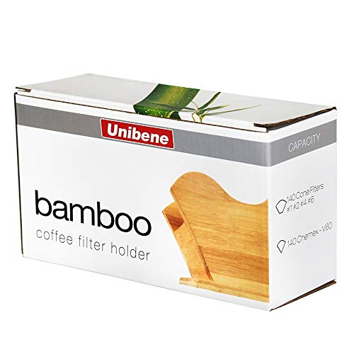 Unibene Bamboo Coffee Filter Holder, Renewable Stand Container Dispenser Rack Shelf for Square Cone-shaped and Flat-bottomed Pour Over Paper Filters