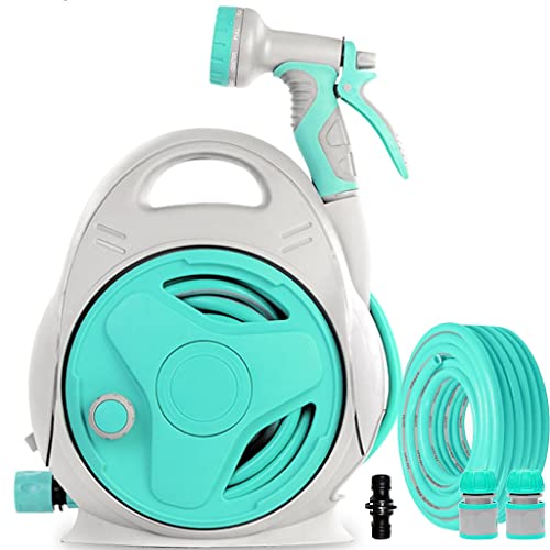 Carretilla portamangueras retráctil de Mano para jardín, Organizador de mangueras con manivela, compacta y portátil, con Pistola de Agua (Carretilla portamangueras + Tubo de 15 + 5