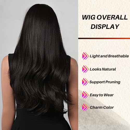 Honygebia Black Wig with Bangs, Natural Black Wigs for Women Long Straight Wavy Synthetic Hair - Image 4