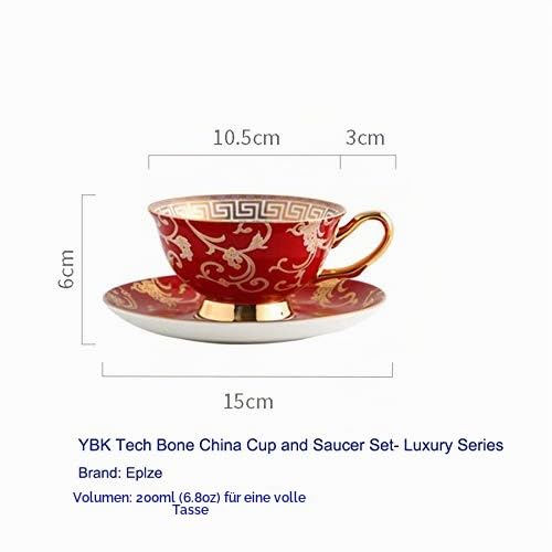 YBK Tech Euro-Stil Knochenporzellan Tasse & Untertasse Set, 200ml Kaffee Tasse für Home Küche Hochzeit (Retro-Blumenmuster - Rot) – Ansicht 2