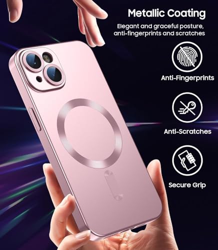 Image of DIZORO Magnetic Case for iPhone 15 Case [Compatible with MagSafe][Built-in Camera Lens Protector] Slim Soft Silicone Bumper Shockproof Metallic Luster Back Cover Phone Case (Pink.)