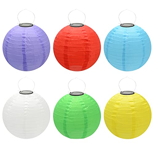 Beaneyun Solar Chinese Lantern Lights 12inch Round Solar Lanterns LED Nylon Hanging Light Waterproof Outdoor Decorative Lights for Home Patio Garden Yard Wedding Party 6 Pack (Multi-Colored)