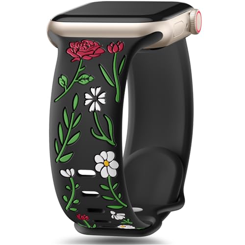 SNBLK Floral Band Compatible with Cute Apple Watch Bands for Women 40mm 41mm 38mm 42mm 44mm 45mm 46mm 49mm, Flower Engraved Silicone Inlay Dressy Strap for iWatch Series 10 9 8 7 6 5 4 3 2 1
