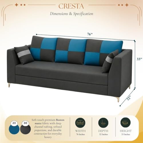 Image of FURNY Signature Cresta 3 Seater Sofa Set | Boston Fabric | 40D Foam + Zigzag Spring | 3-Yr Warranty (Ash Grey-Aqua Blue)| Modern Living Luxury Sofa Set for Home, Office & Hotel Spaces