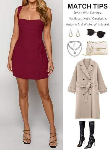 Image of Women's Sexy Ruched Mesh Midi Short Dresses for Women Square Neck Fitted Elegant Club Party Cocktail Dress