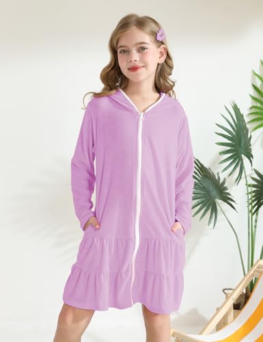 Image of Girls Swim Cover Up Kids Long Sleeve Swimsuit Coverup Terry Beach Pool Clothes with Sunglasses