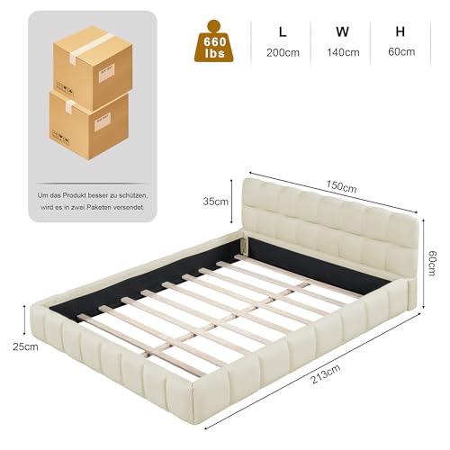 DULRLLY Bubble Bett Polsterbett 140x200 cm,Doppelbett mit Lattenrost, Jugendbett mit Gepolstertes Kopfteil, Gepolstertes Bett für Schlafzimmer und Gästezimmer,ohne Matratze, Leinenstoff (Beige) – Bild 3