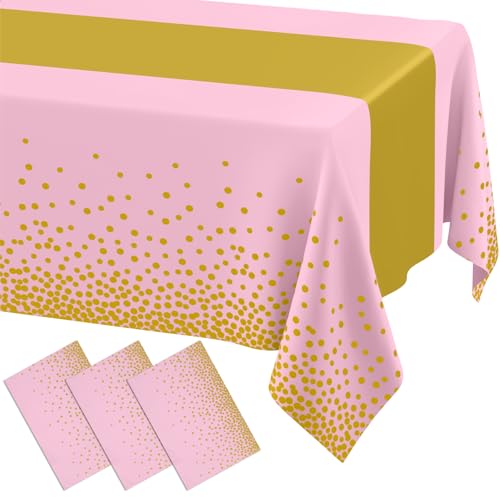 Image of Smiry Plastic Table Cloth Disposable 3 Pack, 54 x 108 Inch Rectangle Waterproof Tablecloth, Printed Gold Table Runner Style for Birthday Weeding, Party Decorations, Leakproof & Sturdy, Pink and Gold