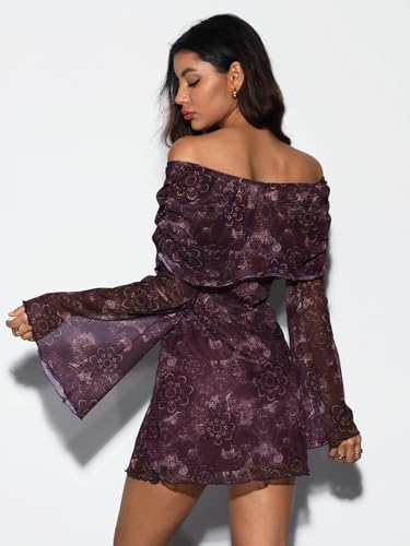 Verdusa Women's 70s Vintage Floral Off The Shoulder Dress Foldover Long Sleeve Bodycon Mini Dress2