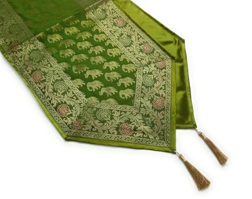Image of Diwali Room Decor Silk Table Runner Placemats Tea Coaster Set for Living Room 4 to 6 Seater Dinning Table Table Mat Set Centre Table Top Decor Pack of 13 Pcs (Olive Green)