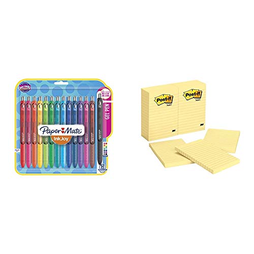 Paper Mate Inkjoy Gel Pens, Medium Point, Assorted Colors, 14 Count with Post-it Notes, 4 in x 6 in, Canary Yellow, Lined, 12 Pads/Pack, 100 Sheets/Pad