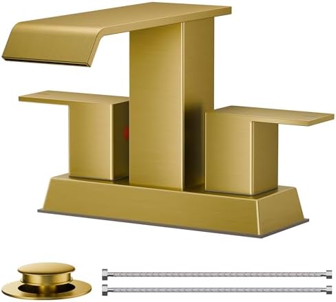 FORIOUS Brushed Gold Bathroom Faucets for 4 Inch 3 or 2 Hole Centerset Sink with Metal Pop Up Drain and Flexible Hose, Double Handle Operation, Suitable for Vanity RV Restroom Remodel