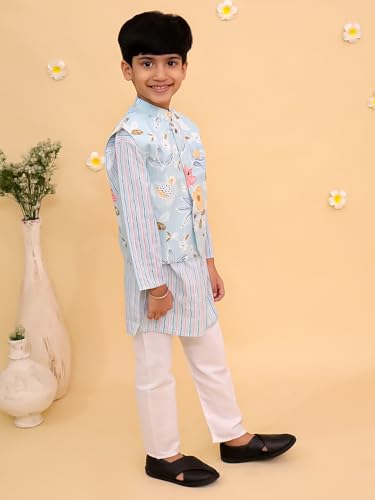 Image of The Mom Store Boys Printed Cotton Kurta Pajama Set With Jacket | Soft And Comfortable Ethnic Wear For Baby /Kids Boys | Full Sleeves Kurta Pyjama Set | Traditional Indian Outfit