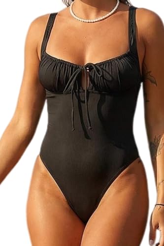 NYXMARE Orinvelas Women's High Cut One Piece Swimsuit Tie Front Square Neck Bathing Suit Black