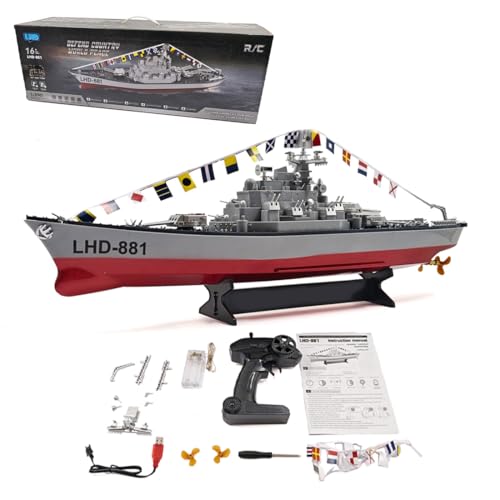 LOCHE Remote Control Battleship, LHD-881 1/390 2.4G RC Electric High-Frequency Twin-Engine Battleship Model, RC Boat Waterproof Racing Boat Model Great Gift Toy for Kids and Adults (RTR Version)