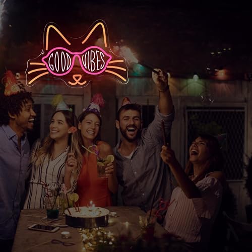 Image of Cat Neon Sign GOOD VIBES LED Neon Light Sign for Wall Decor, Cute Kitty Neon Signs for Bedroom, Bar, Party, Game Room, Living Room, Aesthetic Home Decoration