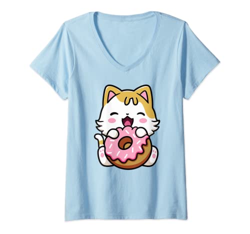 Mujer Camiseta Kawaii Smile Cat Donut para amantes del anime Otaku Cute Kitty Cat Camiseta Cuello V
