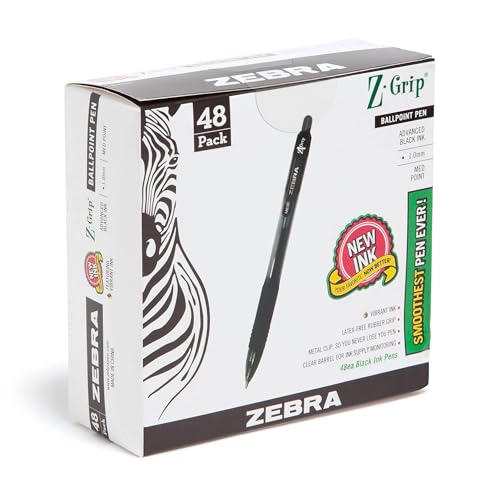 Zebra Pen Z-Grip Retractable Ballpoint Pen, Smooth-Flowing Black Ink, 1.0mm Medium Point, School & Office Supplies, Ideal for Note-Taking, Journal and Planner Use, 48-Pack (22148)