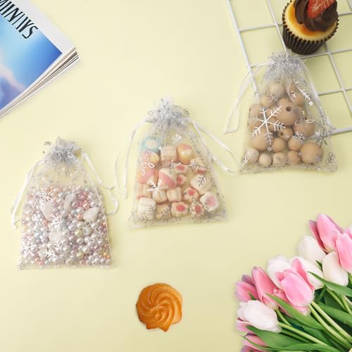 Image of Snowflake Organza Bags, 50 PCS Christmas Sheer Organza Bags with Drawstring 4 x 6 inch, Jewelry Gift Bag, White Small Mesh Goodies Xmas Wedding Favor Mini Candy Pouches Bag for Christmas Party Favors