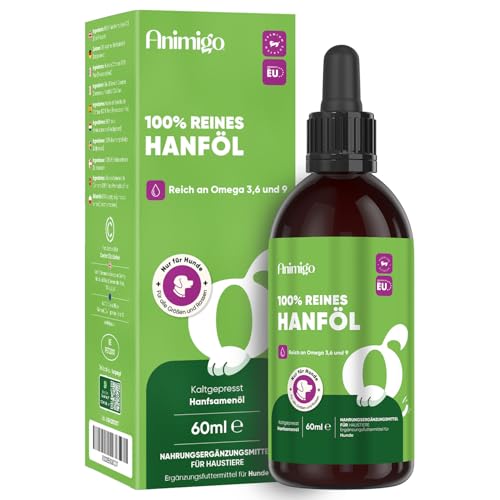 Animigo Reines Hanföl für Hunde - 60 ml kaltgepresstes Hanfsamenöl mit Omega 3, 6 & 9 - Frei von Zusatzstoffen - Hanfsamenöl für Tiere - Für alle Größen und Rassen