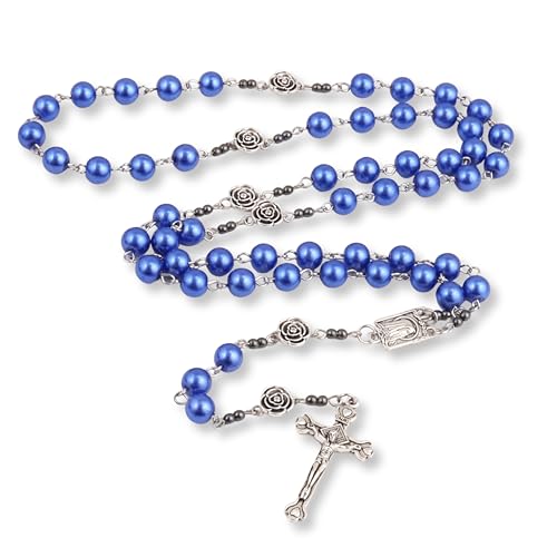 Nazareth Store Pearl Beads Rosary Metal Mystery Roses with Hematite stones, Catholic Rosary Necklace Our Rose Lourdes Medal & Cross Crucifix2