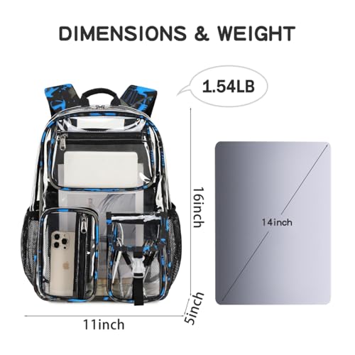 Image of Large Clear Backpack Heavy Duty For Stadiums Events,16in TPU Blue BookBag | Large capacity See Through strong Plastic backpack Stitch Durable Design 6-Pocket For School carry Airport Quick Security