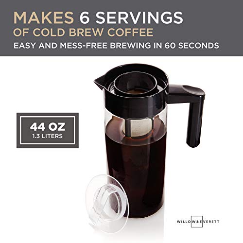 Willow & Everett Cold Brew Coffee Maker - Iced Tea & Coffee Cold Brew Maker - Glass Pitcher w/Stainless Steel Spout and Removable Filter (1.3 L, Glass)